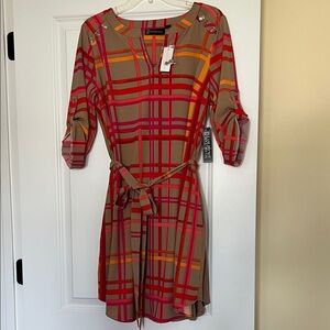 New York & Company Taupe Dress with Pink & Orange Plaid